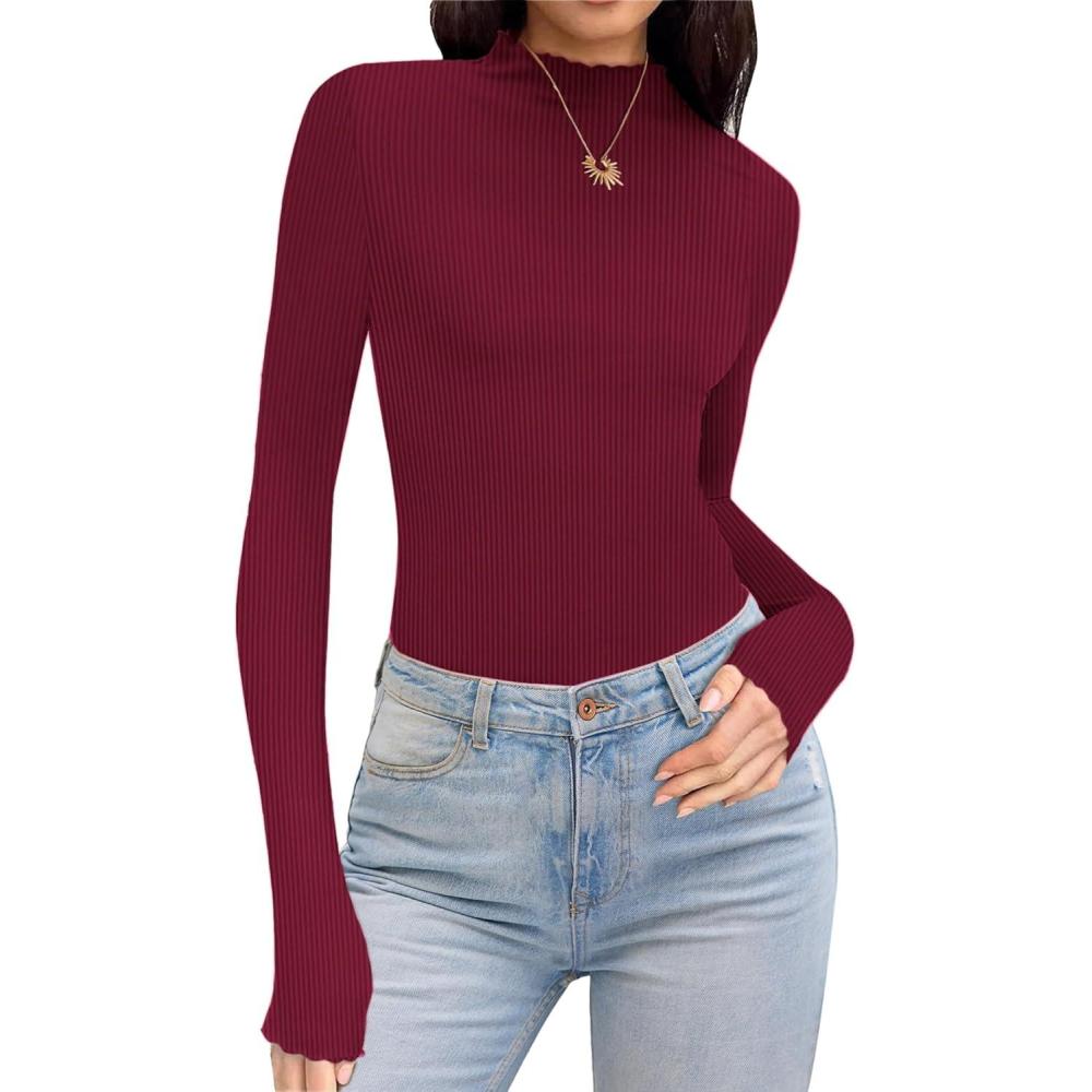imageEkouaer Thermal Turtleneck Shirt Women Ribbed Long Sleeve Mock Neck Tops Slim Fit Lettuce Trim Base LayerRed