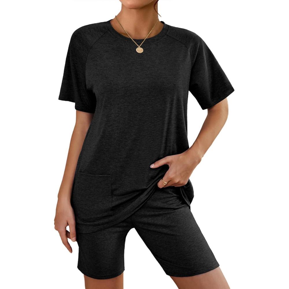 imageEkouaer Two Piece Sets for Women Summer Outfits 2026 Lounge Set Crew Neck Tshirts Biker Short Sweatsuit with PocketBlack
