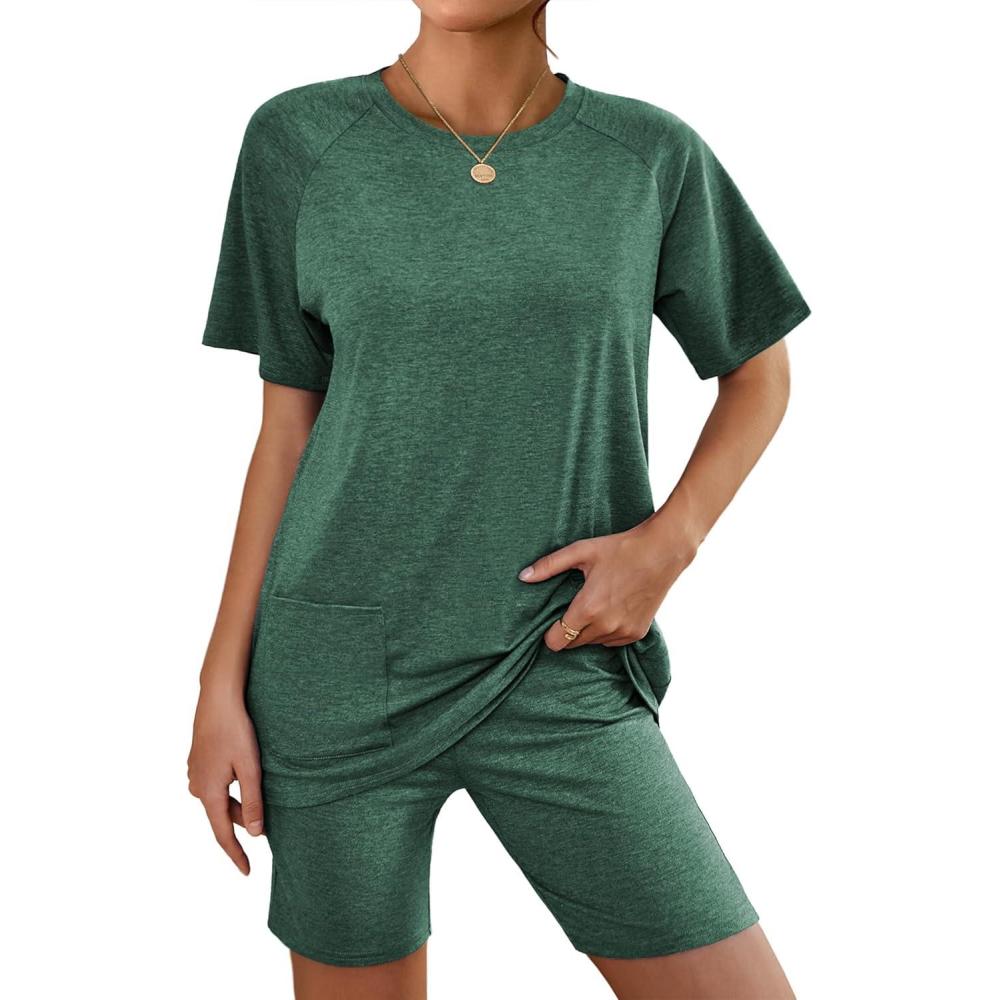 imageEkouaer Two Piece Sets for Women Summer Outfits 2026 Lounge Set Crew Neck Tshirts Biker Short Sweatsuit with PocketBright Green