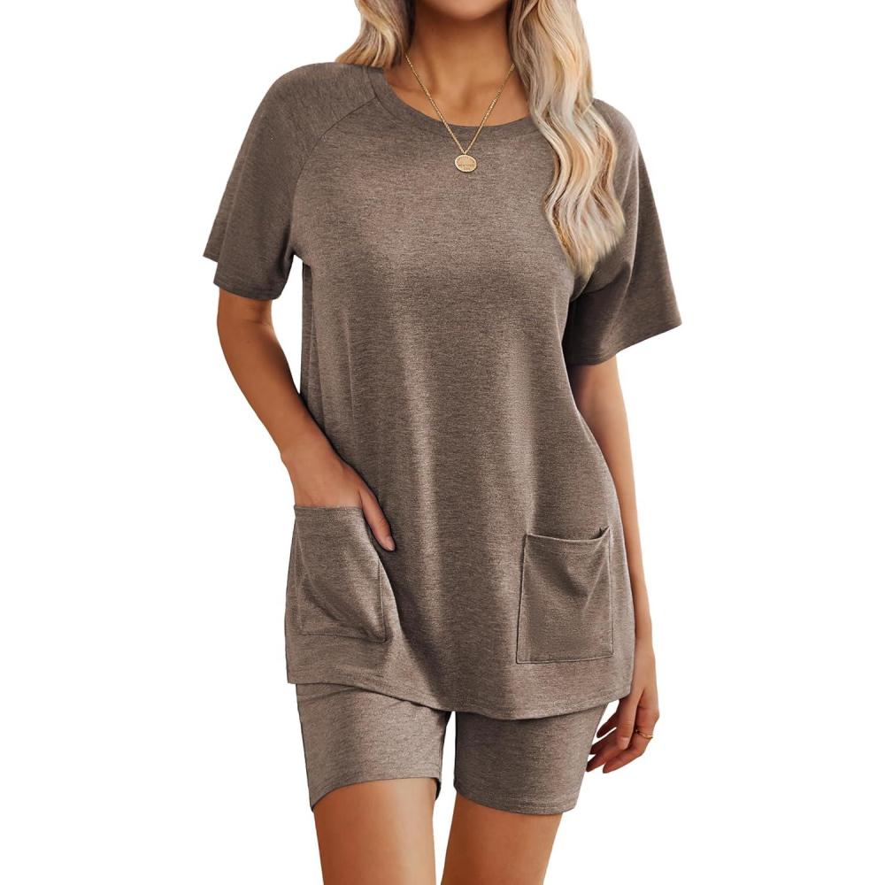 imageEkouaer Two Piece Sets for Women Summer Outfits 2026 Lounge Set Crew Neck Tshirts Biker Short Sweatsuit with PocketBrown