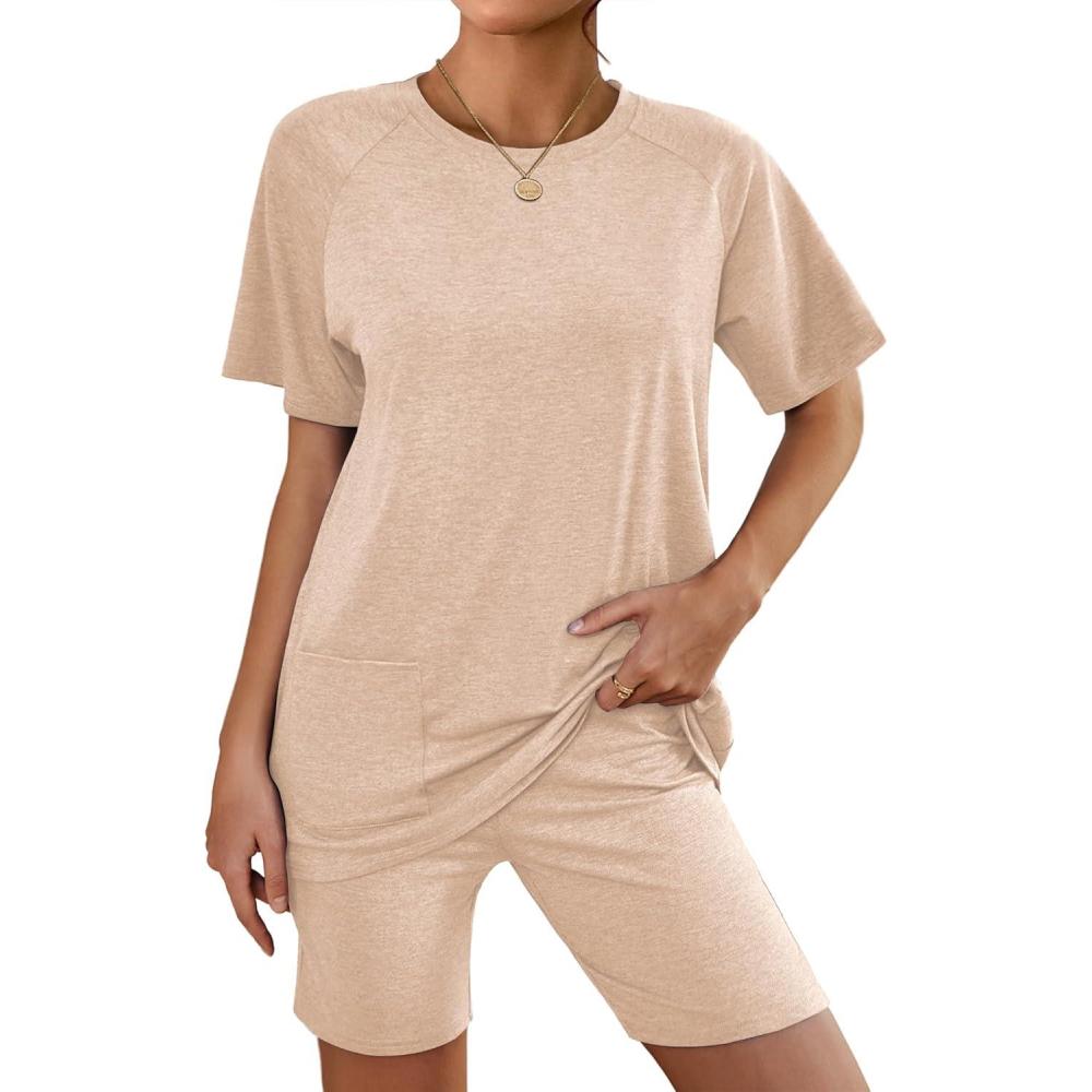 imageEkouaer Two Piece Sets for Women Summer Outfits 2026 Lounge Set Crew Neck Tshirts Biker Short Sweatsuit with PocketChampagne
