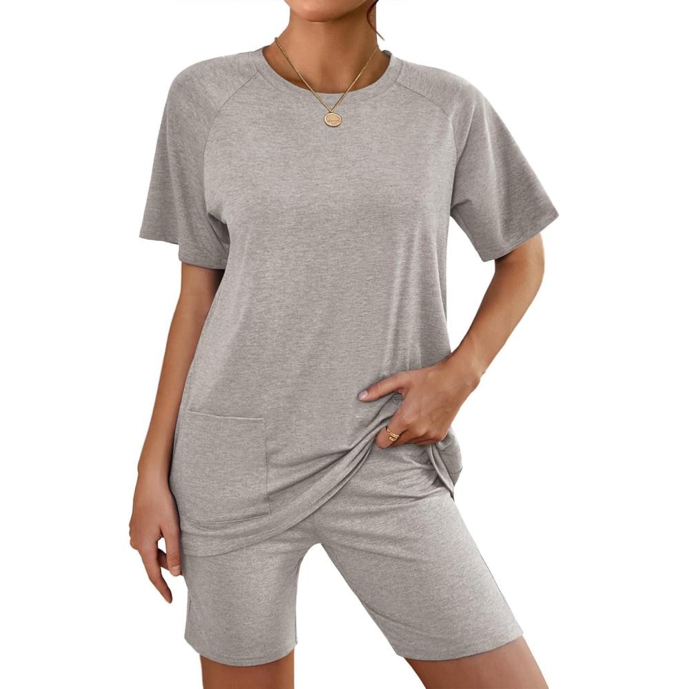 imageEkouaer Two Piece Sets for Women Summer Outfits 2026 Lounge Set Crew Neck Tshirts Biker Short Sweatsuit with PocketLight Gray