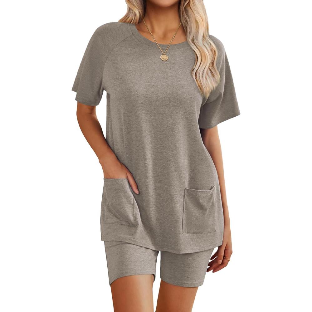 imageEkouaer Two Piece Sets for Women Summer Outfits 2026 Lounge Set Crew Neck Tshirts Biker Short Sweatsuit with PocketMoon Gray