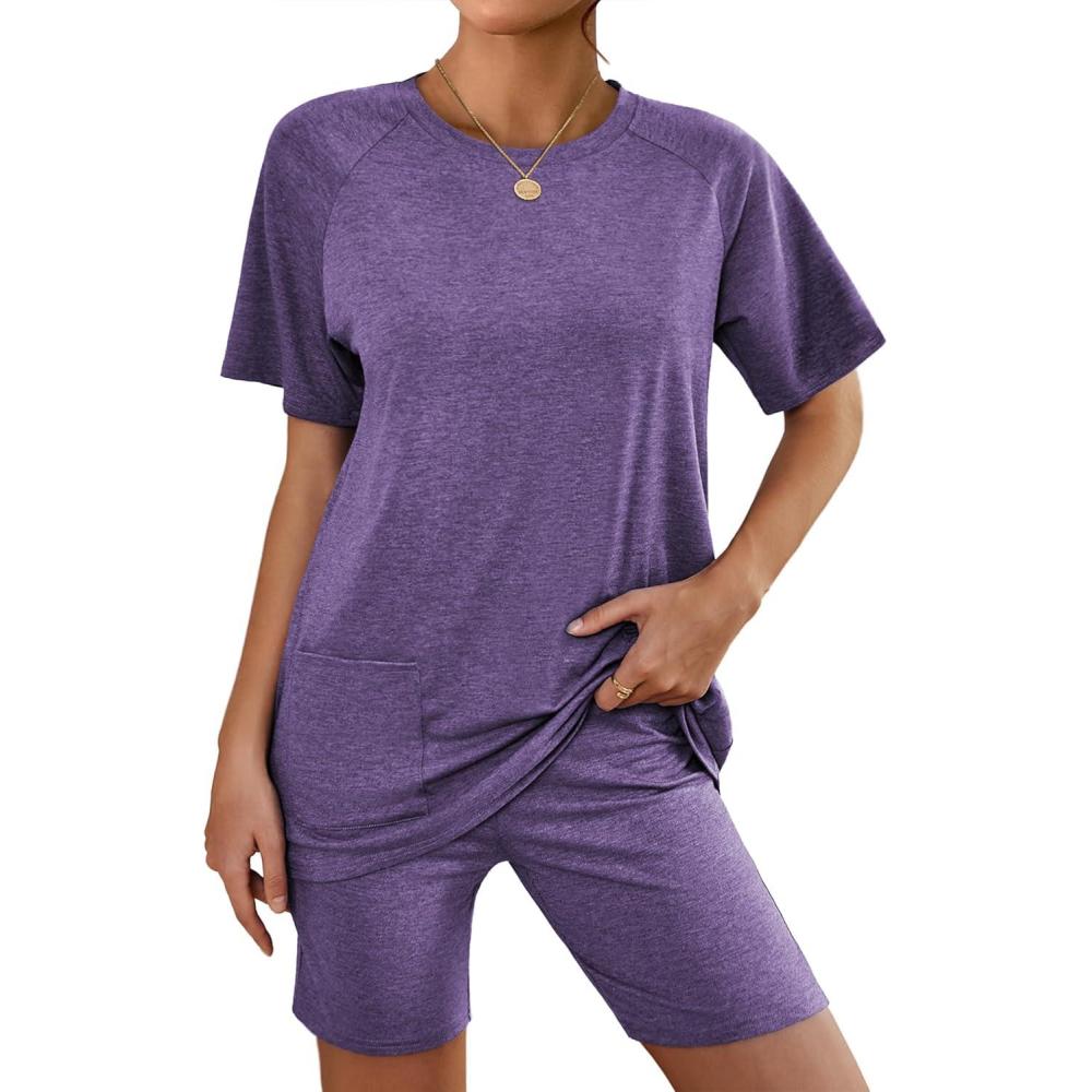 imageEkouaer Two Piece Sets for Women Summer Outfits 2026 Lounge Set Crew Neck Tshirts Biker Short Sweatsuit with PocketPurple