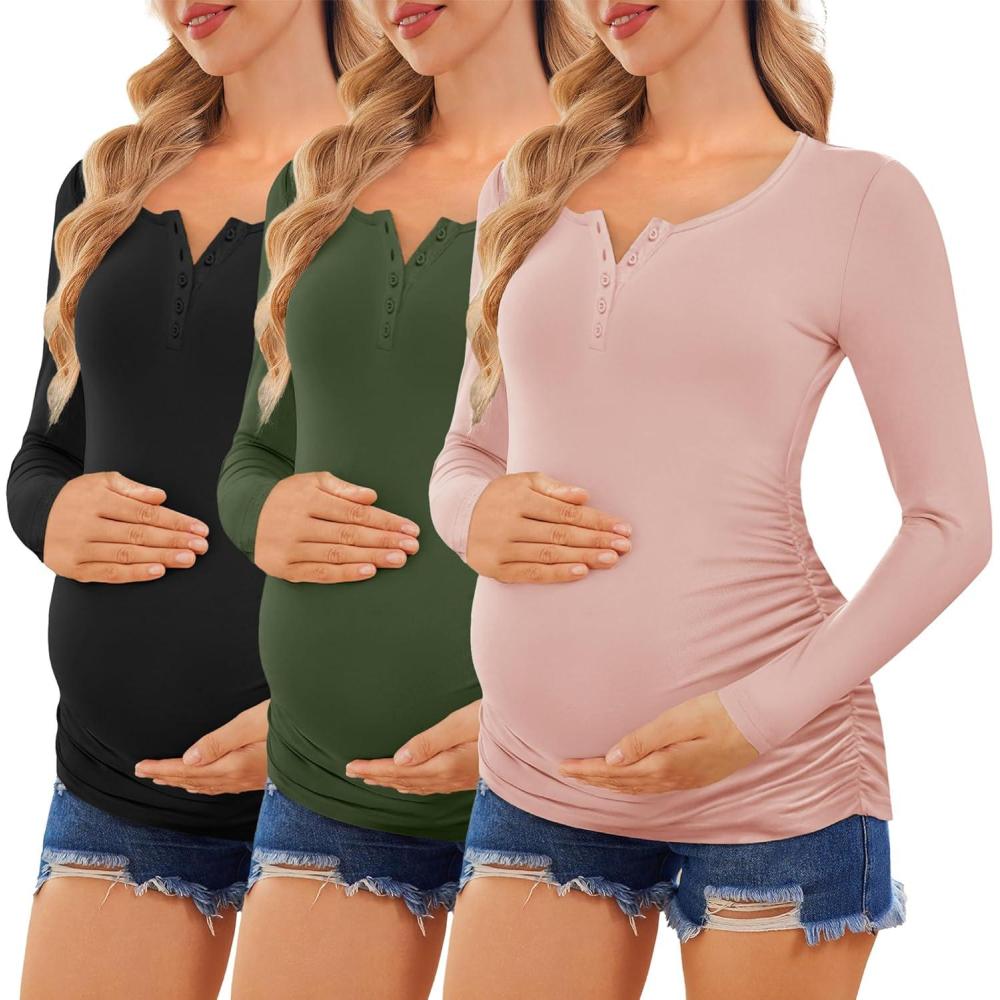 imageEkouaer Women 3 Pack Maternity Shirts Long Sleeve Pregnancy Tops Button Down Postpartum Tees Scoop Neck Pregnant T ShirtsBlackArmy GreenDirty Pink
