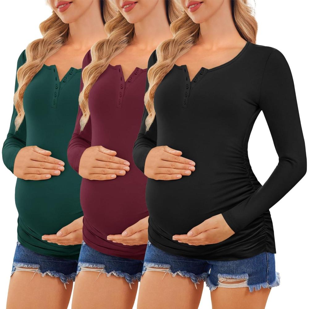imageEkouaer Women 3 Pack Maternity Shirts Long Sleeve Pregnancy Tops Button Down Postpartum Tees Scoop Neck Pregnant T ShirtsBlackDark RedLake Green