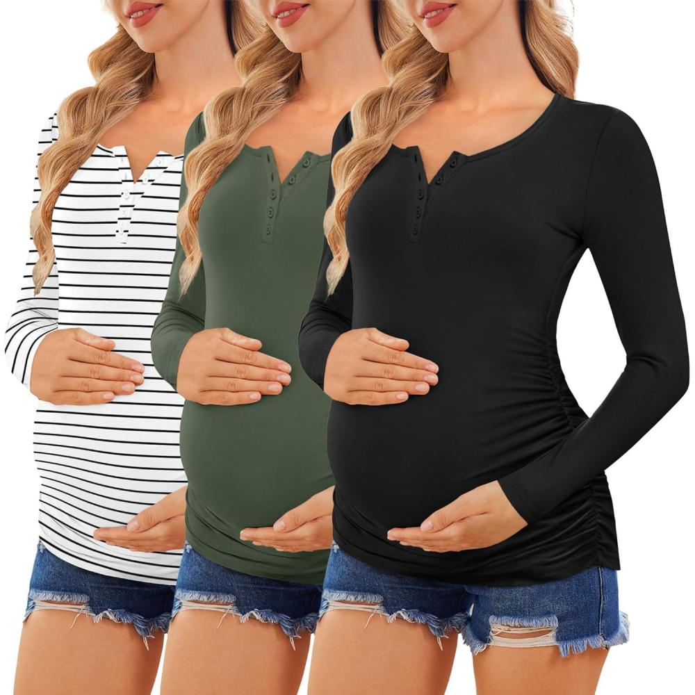 imageEkouaer Women 3 Pack Maternity Shirts Long Sleeve Pregnancy Tops Button Down Postpartum Tees Scoop Neck Pregnant T ShirtsBlackDeep GreenStripes Whiteblack