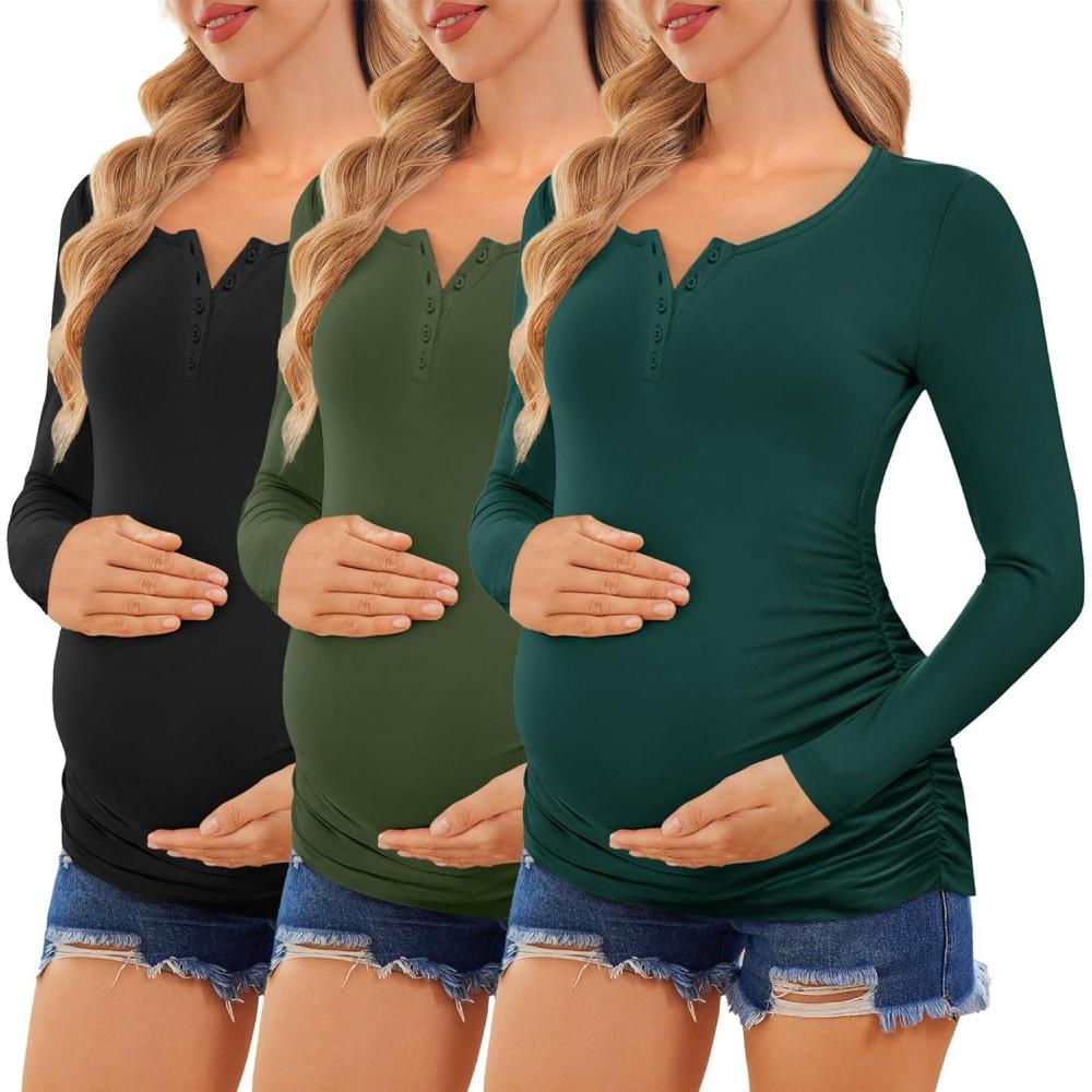 imageEkouaer Women 3 Pack Maternity Shirts Long Sleeve Pregnancy Tops Button Down Postpartum Tees Scoop Neck Pregnant T ShirtsBlackLake GreenArmy Green