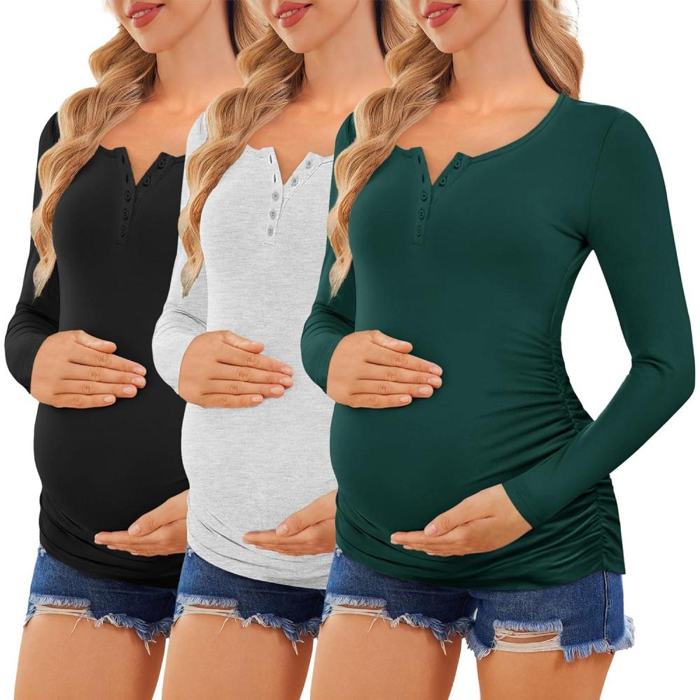 imageEkouaer Women 3 Pack Maternity Shirts Long Sleeve Pregnancy Tops Button Down Postpartum Tees Scoop Neck Pregnant T ShirtsBlackLight GreyLake Green
