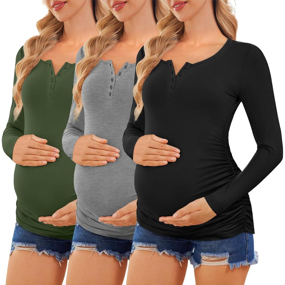 imageEkouaer Women 3 Pack Maternity Shirts Long Sleeve Pregnancy Tops Button Down Postpartum Tees Scoop Neck Pregnant T ShirtsBlackMid GreyArmy Green