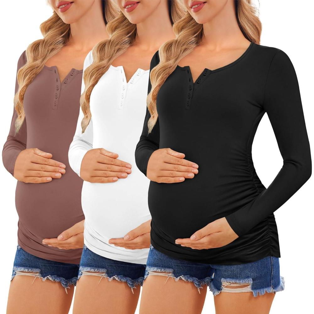 imageEkouaer Women 3 Pack Maternity Shirts Long Sleeve Pregnancy Tops Button Down Postpartum Tees Scoop Neck Pregnant T ShirtsBlackWhiteBrown