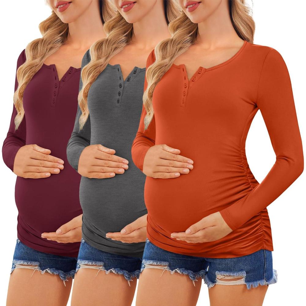 imageEkouaer Women 3 Pack Maternity Shirts Long Sleeve Pregnancy Tops Button Down Postpartum Tees Scoop Neck Pregnant T ShirtsDark RedDeep GreyCaramel