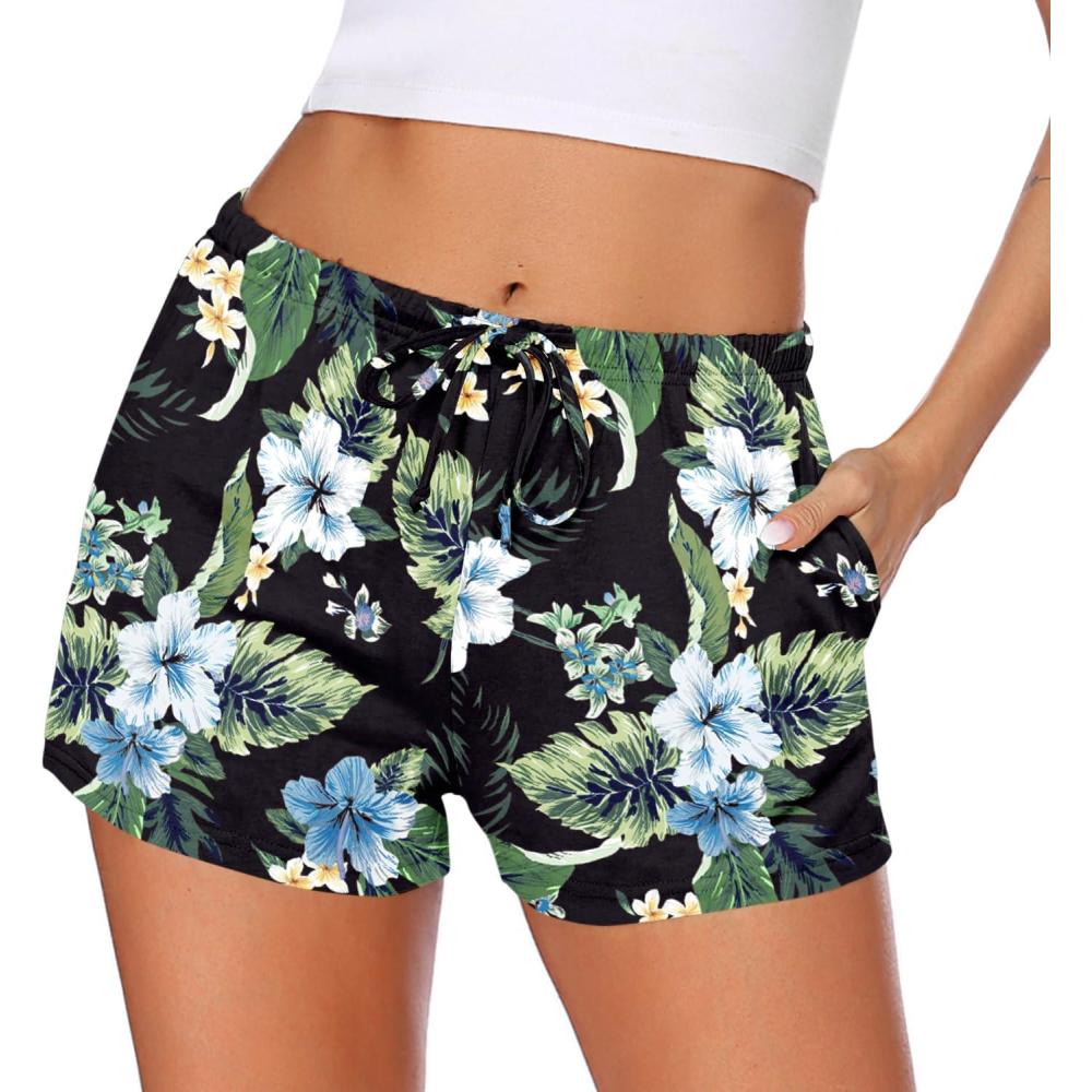 imageEkouaer Women Pajama Shorts Comfy Lounge Bottom with Pockets Stretch Strip Sleepwear Drawstring Pj Bottoms Sleep ShortsHawaiian Flowers