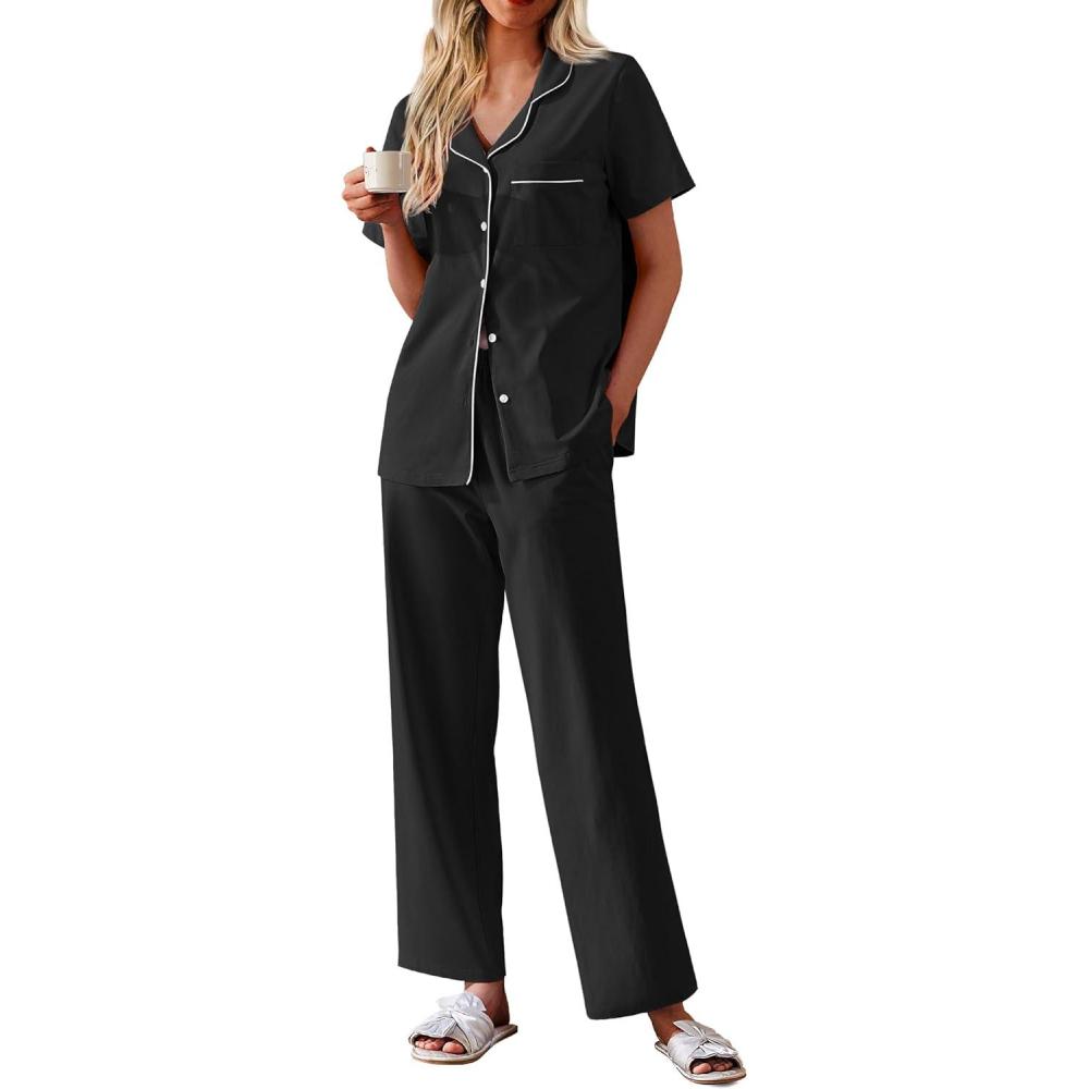 imageEkouaer Womens 100 Cotton Pajamas Set Short Sleeve Button Down Pjs 2 Piece Soft Sleepwear with Long Pants Lounge SetBlack
