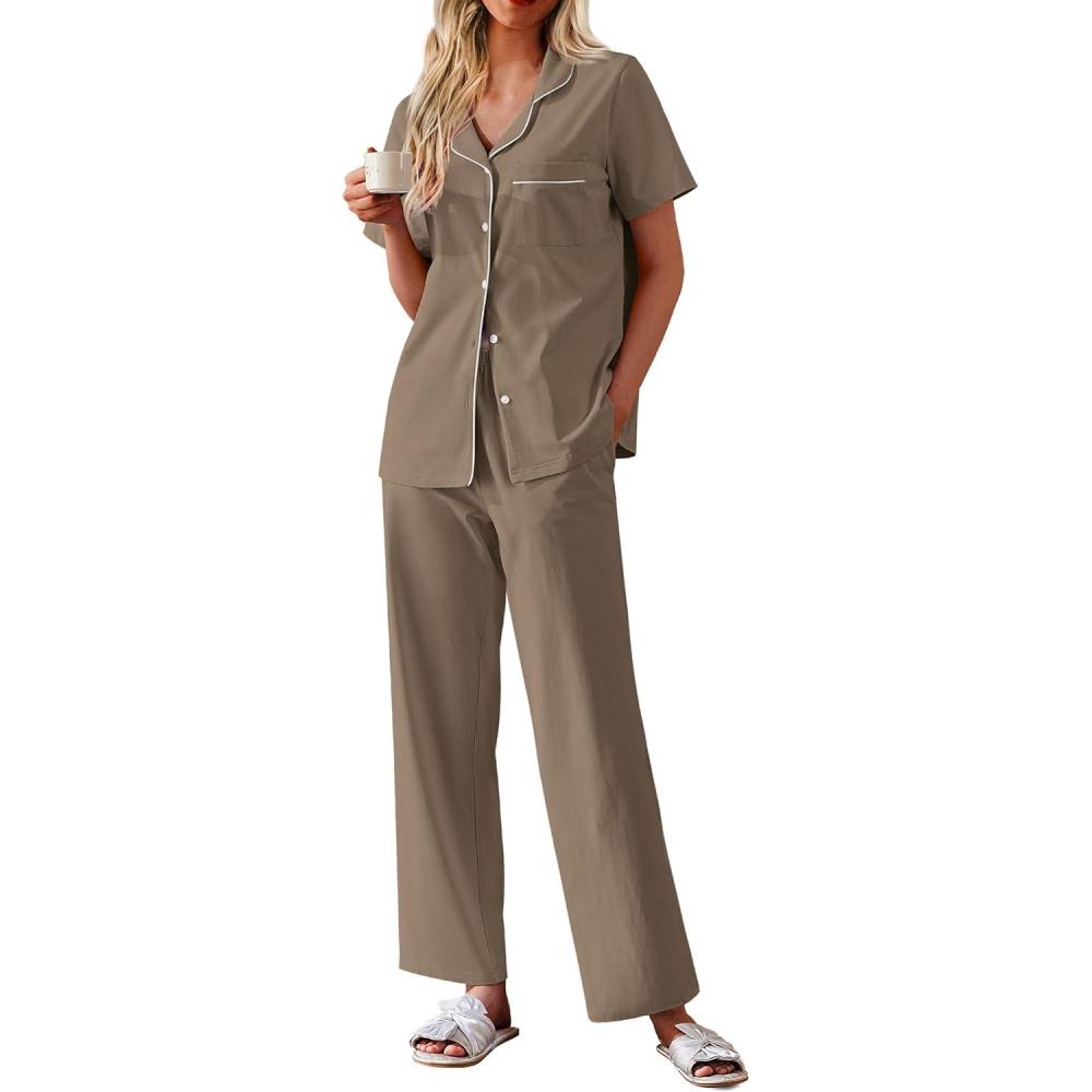 imageEkouaer Womens 100 Cotton Pajamas Set Short Sleeve Button Down Pjs 2 Piece Soft Sleepwear with Long Pants Lounge SetBrown