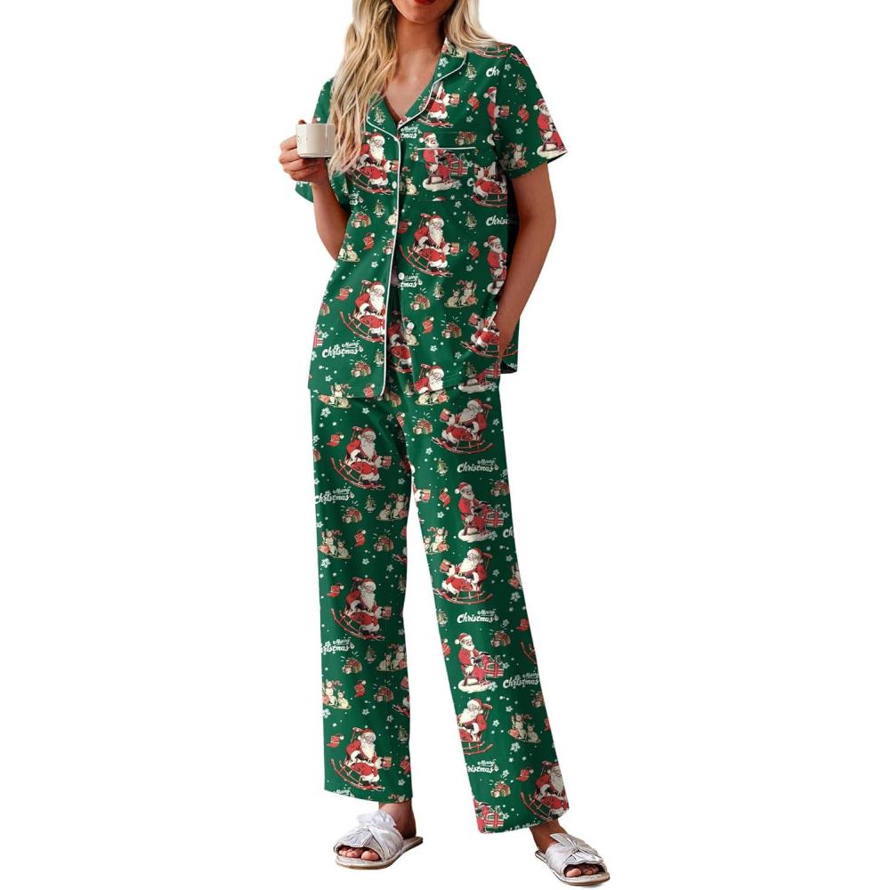imageEkouaer Womens 100 Cotton Pajamas Set Short Sleeve Button Down Pjs 2 Piece Soft Sleepwear with Long Pants Lounge SetChristmas Green Santa Claus