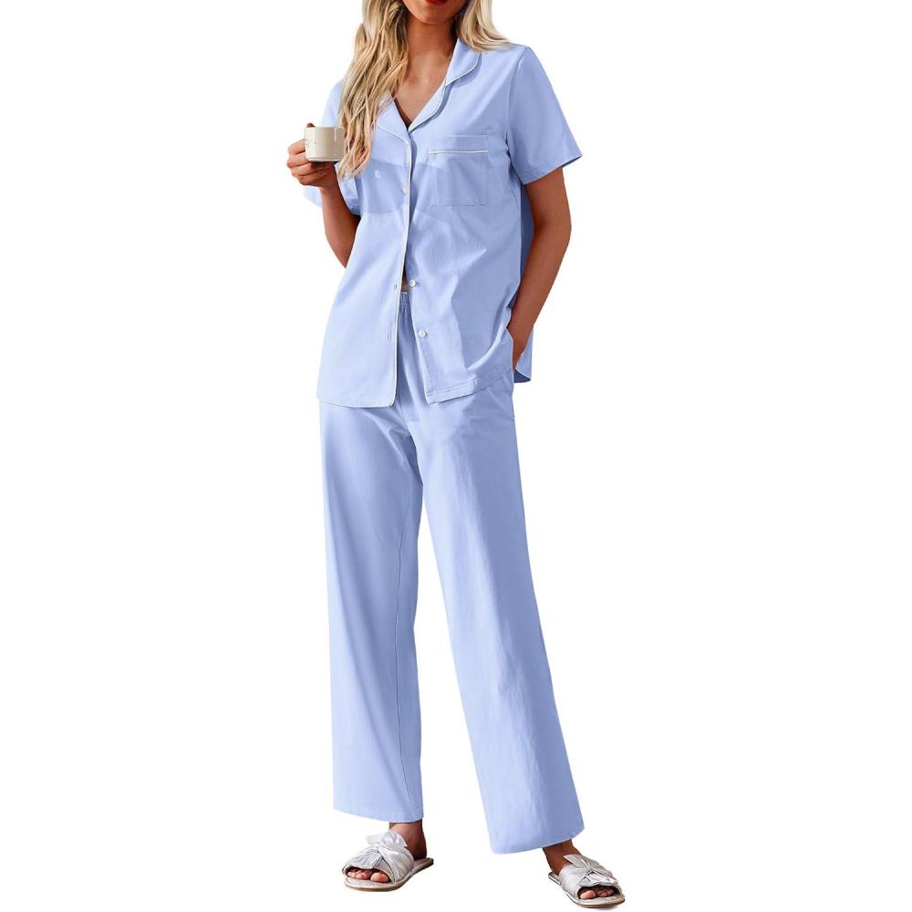 imageEkouaer Womens 100 Cotton Pajamas Set Short Sleeve Button Down Pjs 2 Piece Soft Sleepwear with Long Pants Lounge SetClear Blue