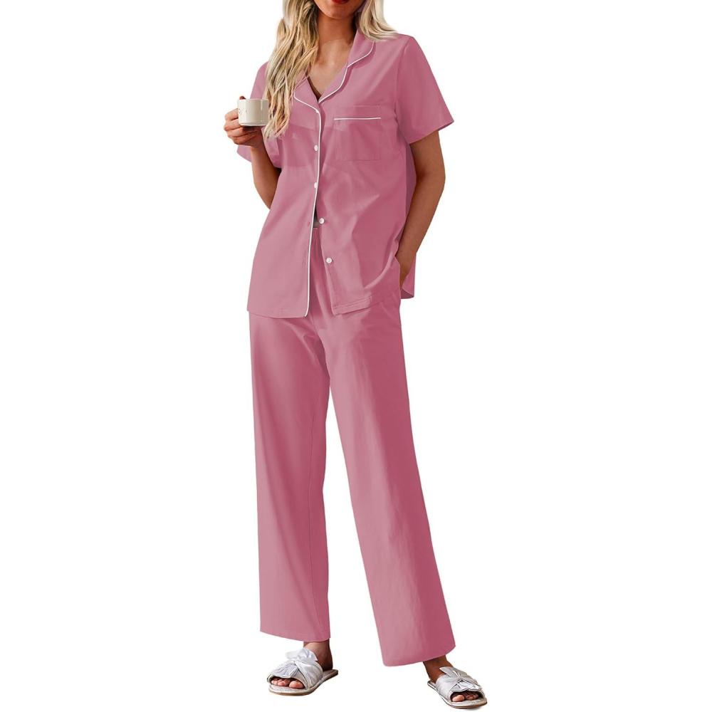 imageEkouaer Womens 100 Cotton Pajamas Set Short Sleeve Button Down Pjs 2 Piece Soft Sleepwear with Long Pants Lounge SetDusty Rose