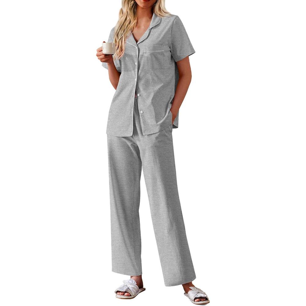imageEkouaer Womens 100 Cotton Pajamas Set Short Sleeve Button Down Pjs 2 Piece Soft Sleepwear with Long Pants Lounge SetLight Grey