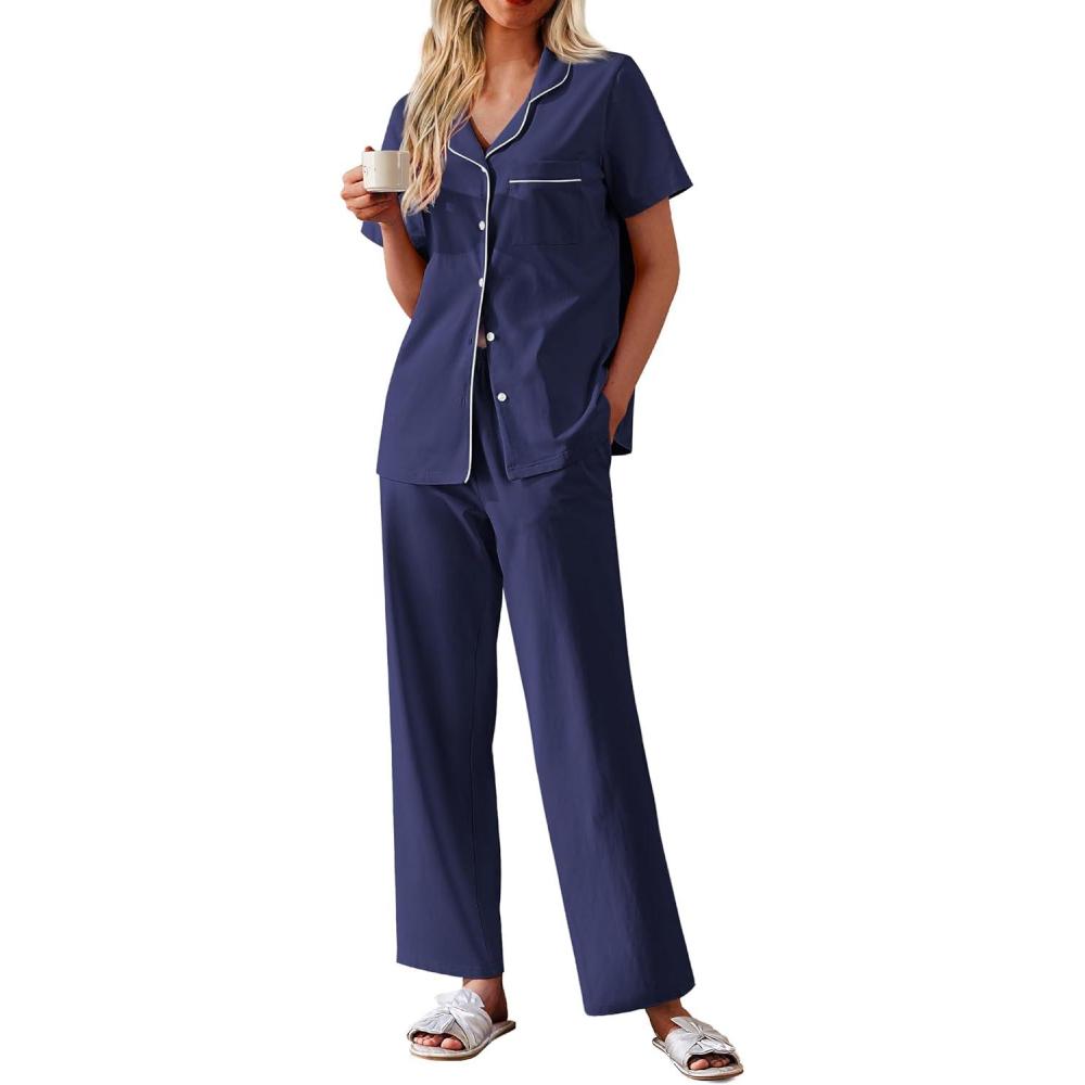imageEkouaer Womens 100 Cotton Pajamas Set Short Sleeve Button Down Pjs 2 Piece Soft Sleepwear with Long Pants Lounge SetNavy Blue
