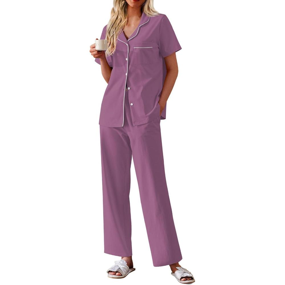 imageEkouaer Womens 100 Cotton Pajamas Set Short Sleeve Button Down Pjs 2 Piece Soft Sleepwear with Long Pants Lounge SetPurple