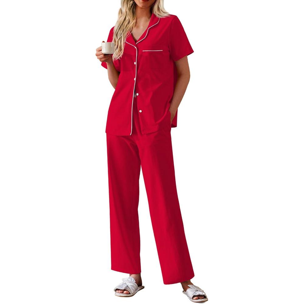 imageEkouaer Womens 100 Cotton Pajamas Set Short Sleeve Button Down Pjs 2 Piece Soft Sleepwear with Long Pants Lounge SetRed