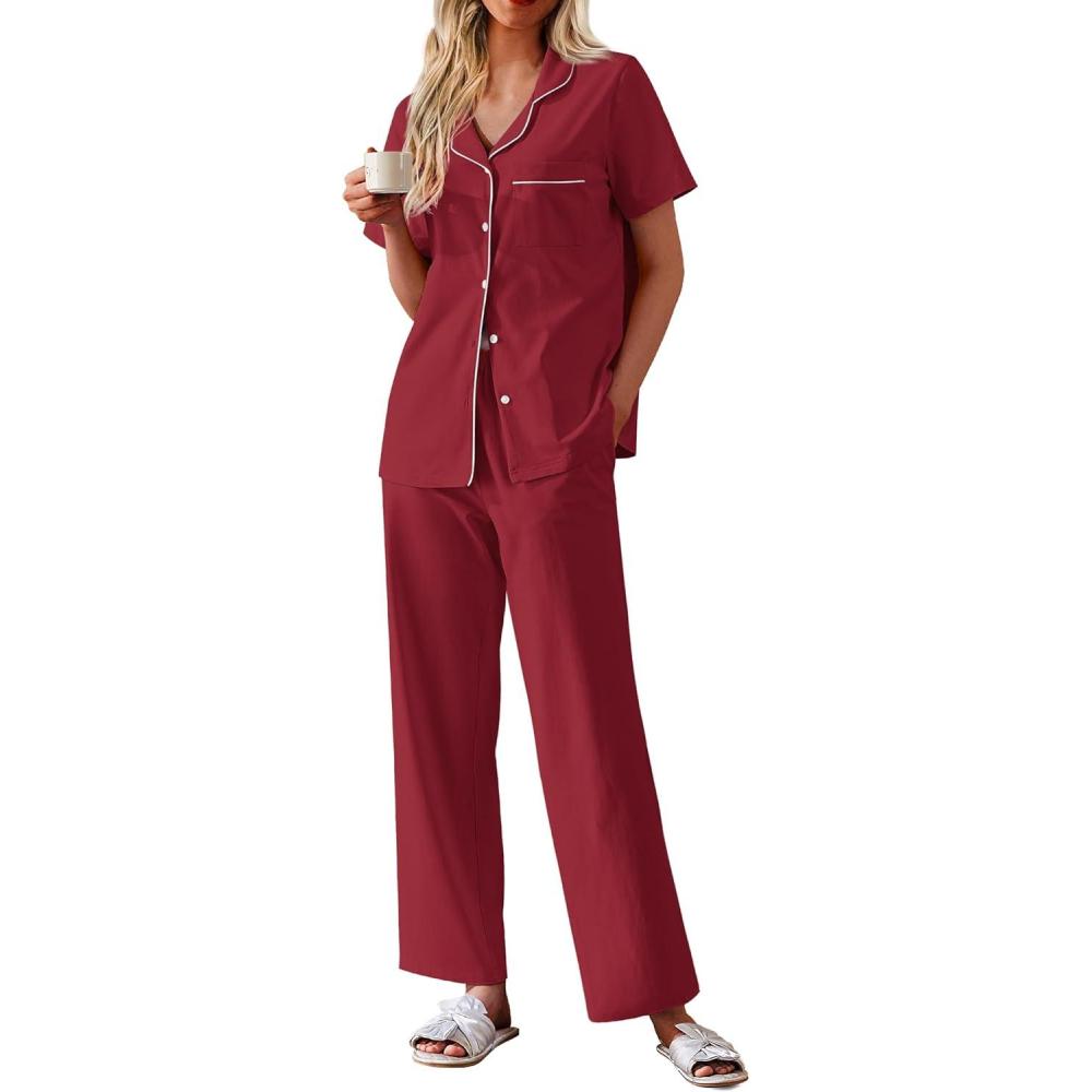 imageEkouaer Womens 100 Cotton Pajamas Set Short Sleeve Button Down Pjs 2 Piece Soft Sleepwear with Long Pants Lounge SetWine Red