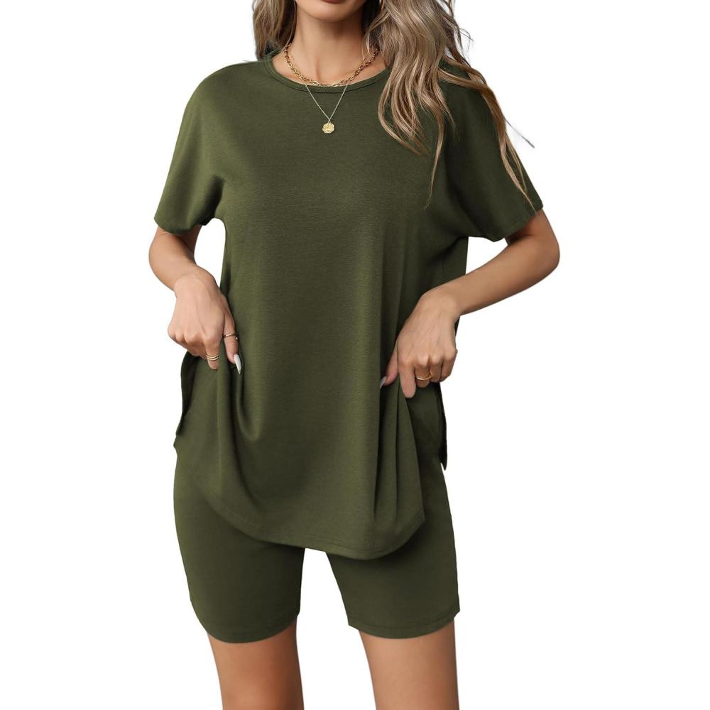 imageEkouaer Womens 2 Piece Lounge Set 2026 Summer Biker Shorts Set Outfits Short Sleeve Oversized Top Matching TracksuitArmy Green