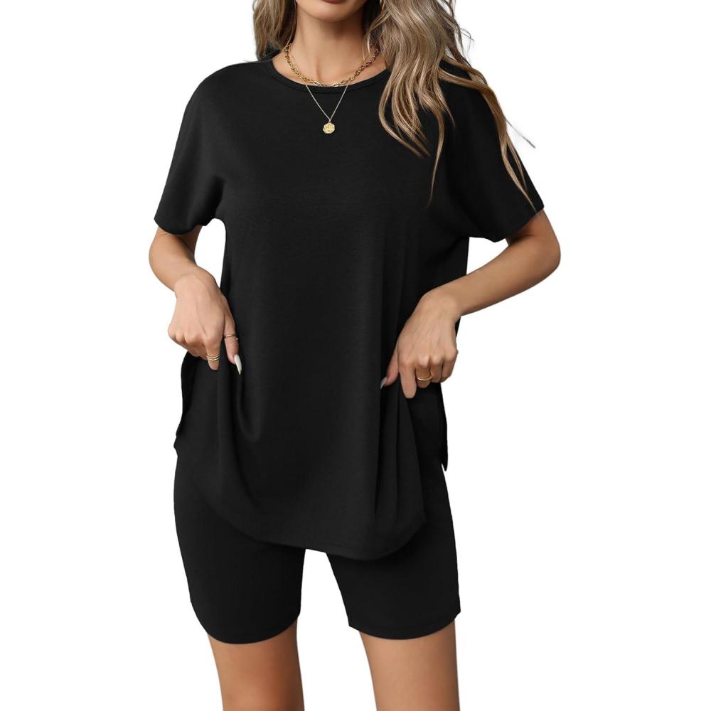imageEkouaer Womens 2 Piece Lounge Set 2026 Summer Biker Shorts Set Outfits Short Sleeve Oversized Top Matching TracksuitBlack