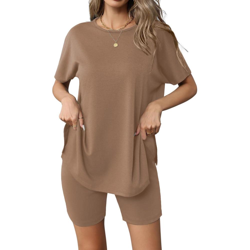 imageEkouaer Womens 2 Piece Lounge Set 2026 Summer Biker Shorts Set Outfits Short Sleeve Oversized Top Matching TracksuitBrown
