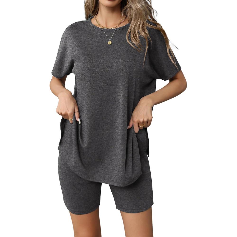 imageEkouaer Womens 2 Piece Lounge Set 2026 Summer Biker Shorts Set Outfits Short Sleeve Oversized Top Matching TracksuitDark Grey