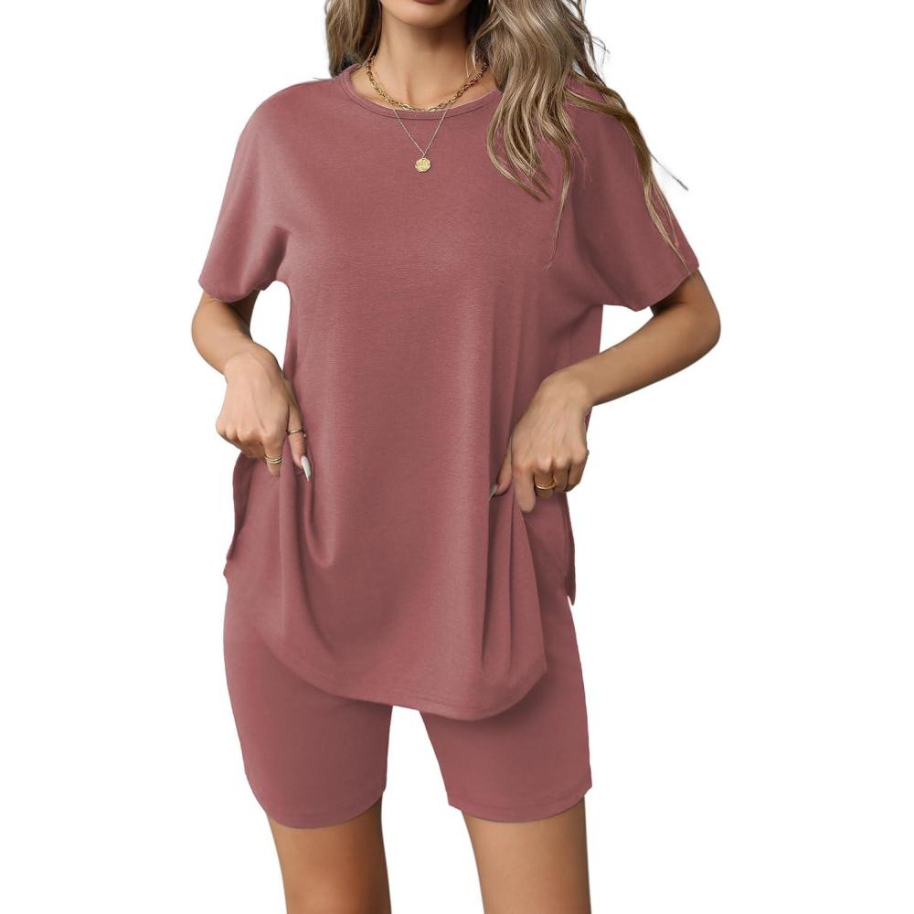 imageEkouaer Womens 2 Piece Lounge Set 2026 Summer Biker Shorts Set Outfits Short Sleeve Oversized Top Matching TracksuitDusty Rose