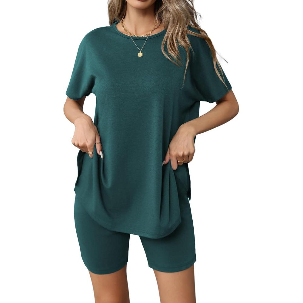 imageEkouaer Womens 2 Piece Lounge Set 2026 Summer Biker Shorts Set Outfits Short Sleeve Oversized Top Matching TracksuitLake Green
