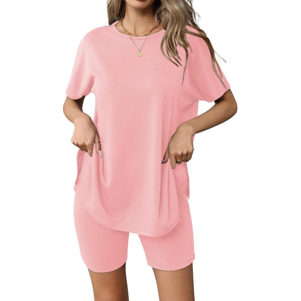 imageEkouaer Womens 2 Piece Lounge Set 2026 Summer Biker Shorts Set Outfits Short Sleeve Oversized Top Matching TracksuitPink