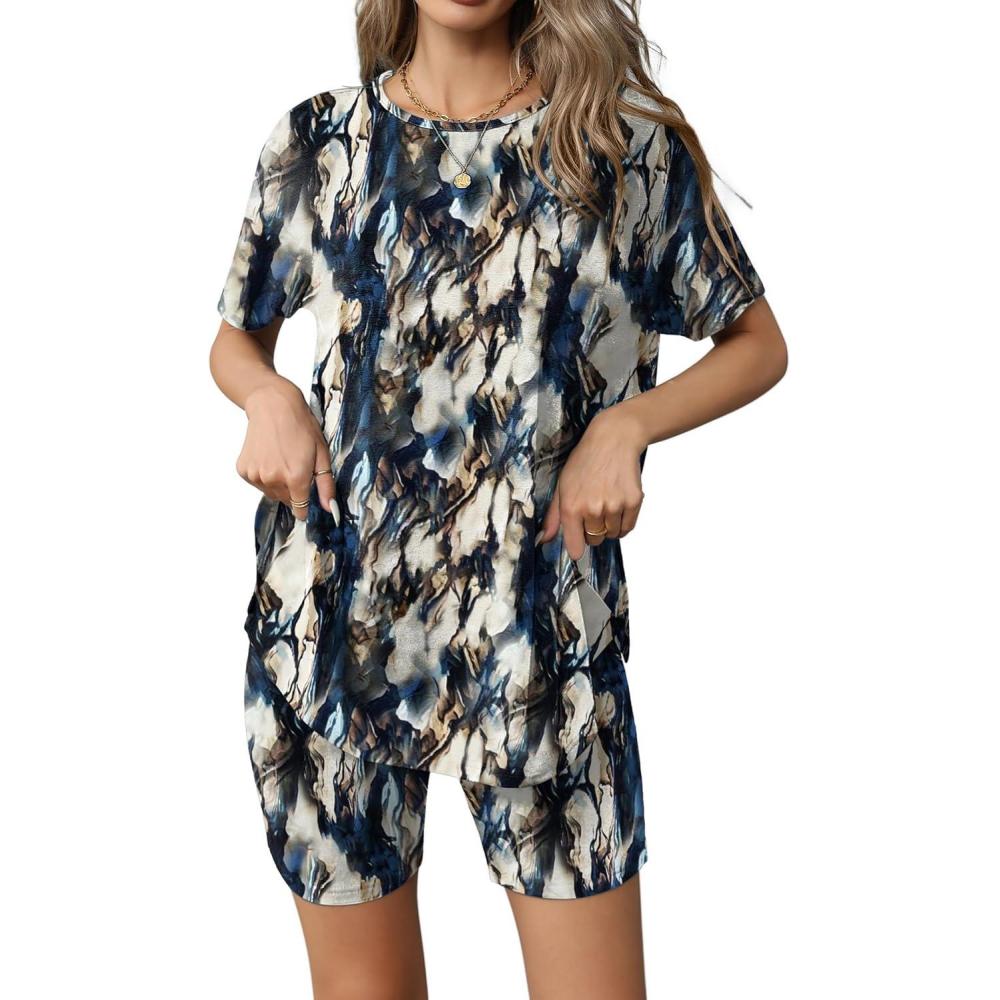 imageEkouaer Womens 2 Piece Lounge Set 2026 Summer Biker Shorts Set Outfits Short Sleeve Oversized Top Matching TracksuitTiedye Blue