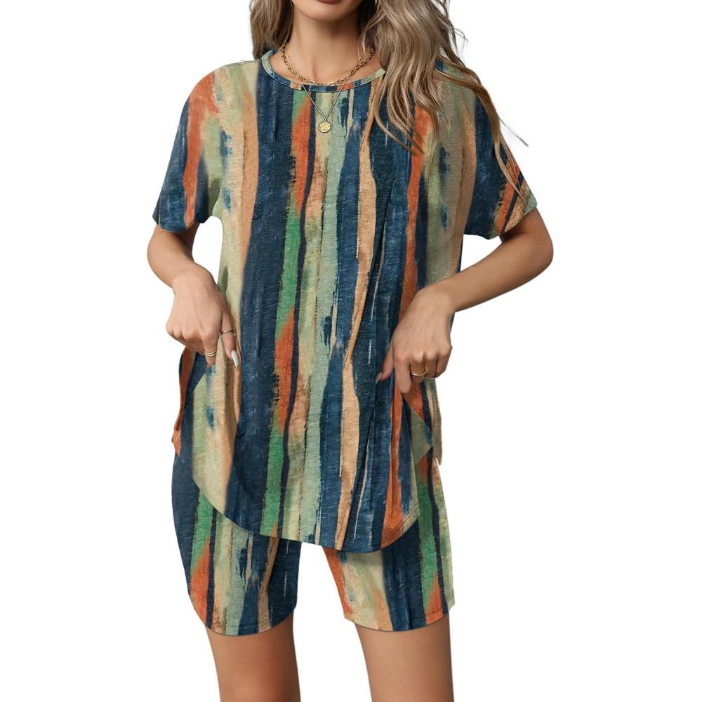 imageEkouaer Womens 2 Piece Lounge Set 2026 Summer Biker Shorts Set Outfits Short Sleeve Oversized Top Matching TracksuitTiedye Stripe