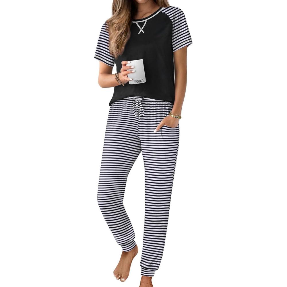 imageEkouaer Womens Jogger Pajamas Sets 2 Piece Raglan Short Sleeve Pjs Lounge Set Soft Sleepwear with Pockets SXXLBlack Striped