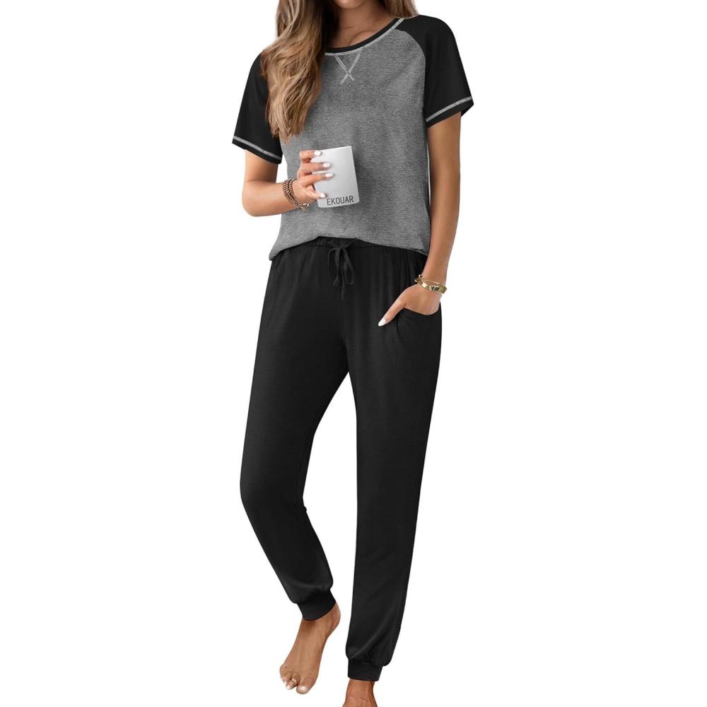 imageEkouaer Womens Jogger Pajamas Sets 2 Piece Raglan Short Sleeve Pjs Lounge Set Soft Sleepwear with Pockets SXXLGrey