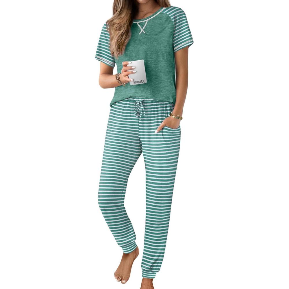 imageEkouaer Womens Jogger Pajamas Sets 2 Piece Raglan Short Sleeve Pjs Lounge Set Soft Sleepwear with Pockets SXXLGrey Green