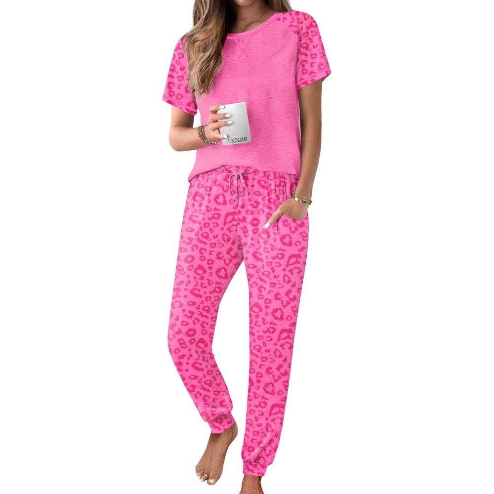 imageEkouaer Womens Jogger Pajamas Sets 2 Piece Raglan Short Sleeve Pjs Lounge Set Soft Sleepwear with Pockets SXXLPink Leopard