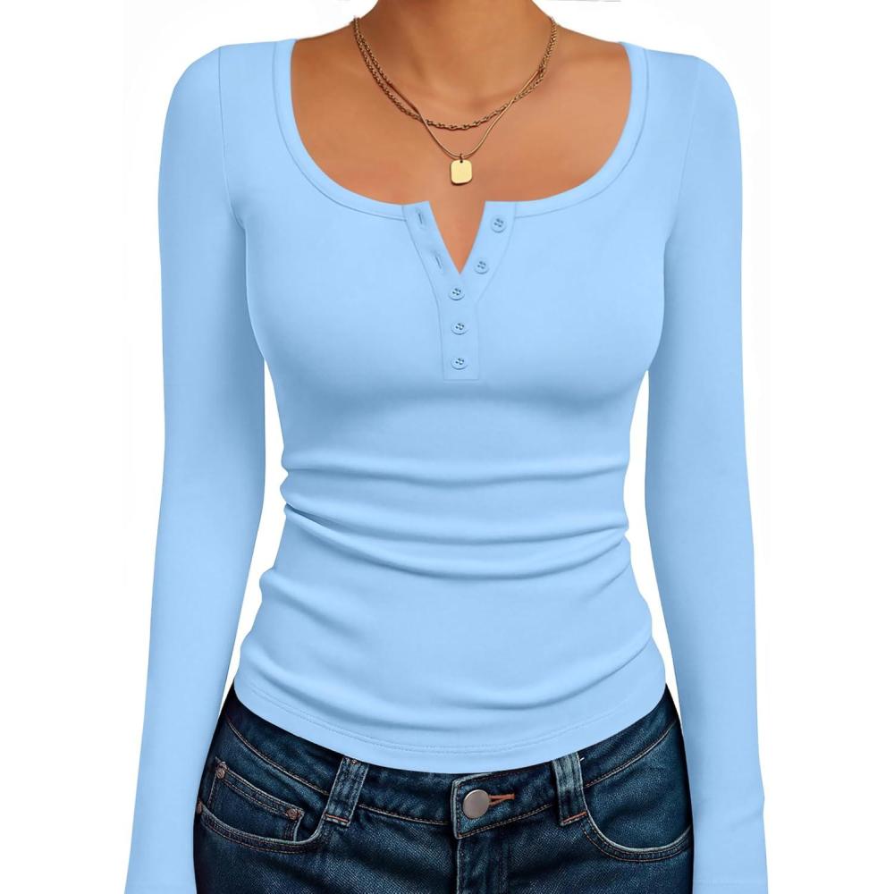 imageEkouaer Womens Long Sleeve Henley T Shirts Fall Button Tops Slim Fit Casual Blouse Soft Thermal UndershirtsBlue