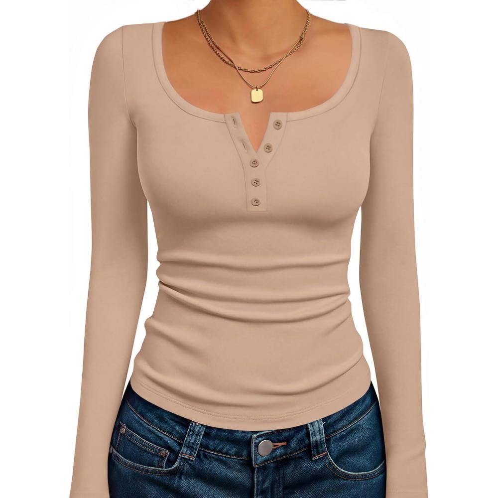 imageEkouaer Womens Long Sleeve Henley T Shirts Fall Button Tops Slim Fit Casual Blouse Soft Thermal UndershirtsKhaki