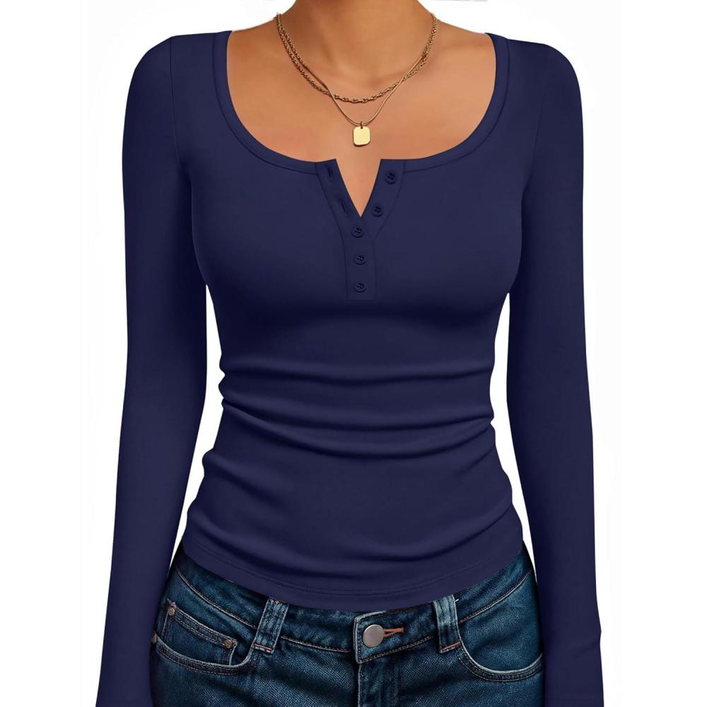 imageEkouaer Womens Long Sleeve Henley T Shirts Fall Button Tops Slim Fit Casual Blouse Soft Thermal UndershirtsNavy Blue