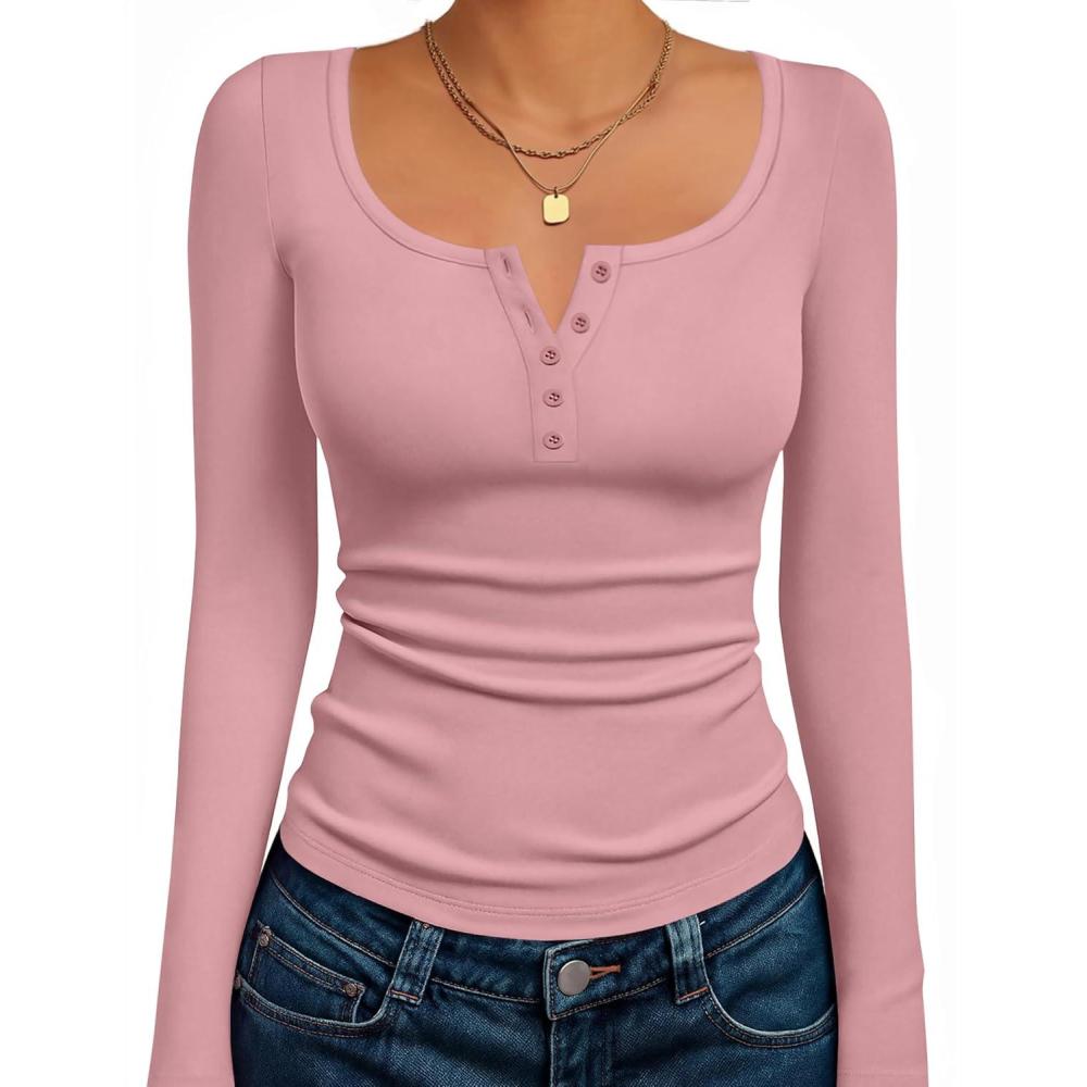 imageEkouaer Womens Long Sleeve Henley T Shirts Fall Button Tops Slim Fit Casual Blouse Soft Thermal UndershirtsPink