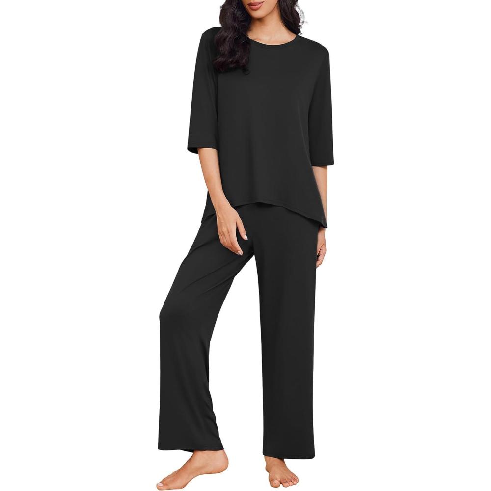 imageEkouaer Womens Lounge Sets 2 Piece Pajamas Sets 34 Sleeve Tops and Long Pants Soft Pjs Loungewear with PocketsBlack
