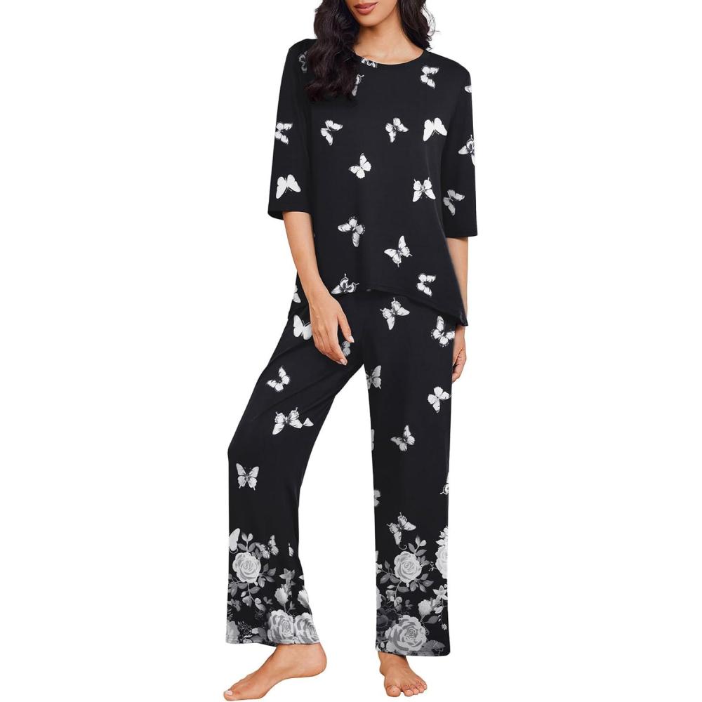 imageEkouaer Womens Lounge Sets 2 Piece Pajamas Sets 34 Sleeve Tops and Long Pants Soft Pjs Loungewear with PocketsBlack Butterfly