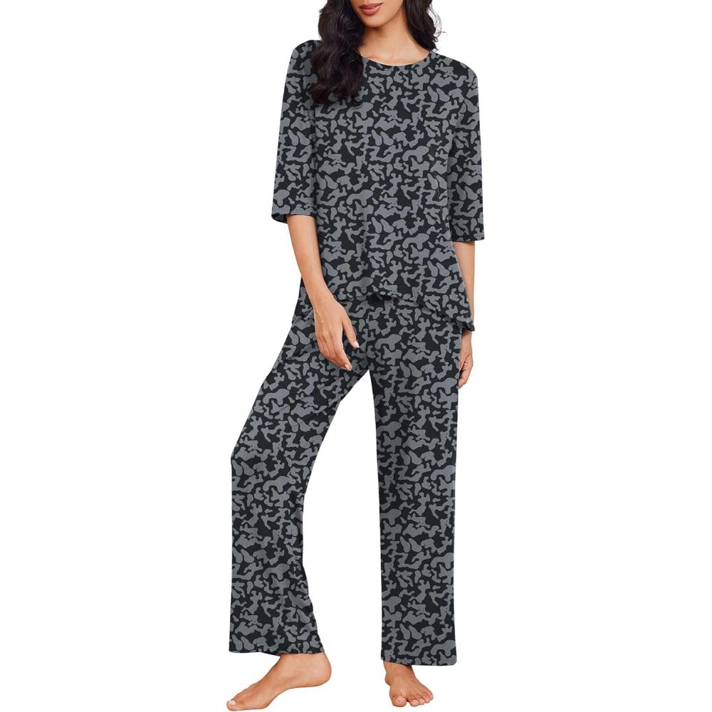 imageEkouaer Womens Lounge Sets 2 Piece Pajamas Sets 34 Sleeve Tops and Long Pants Soft Pjs Loungewear with PocketsBlack Leopard