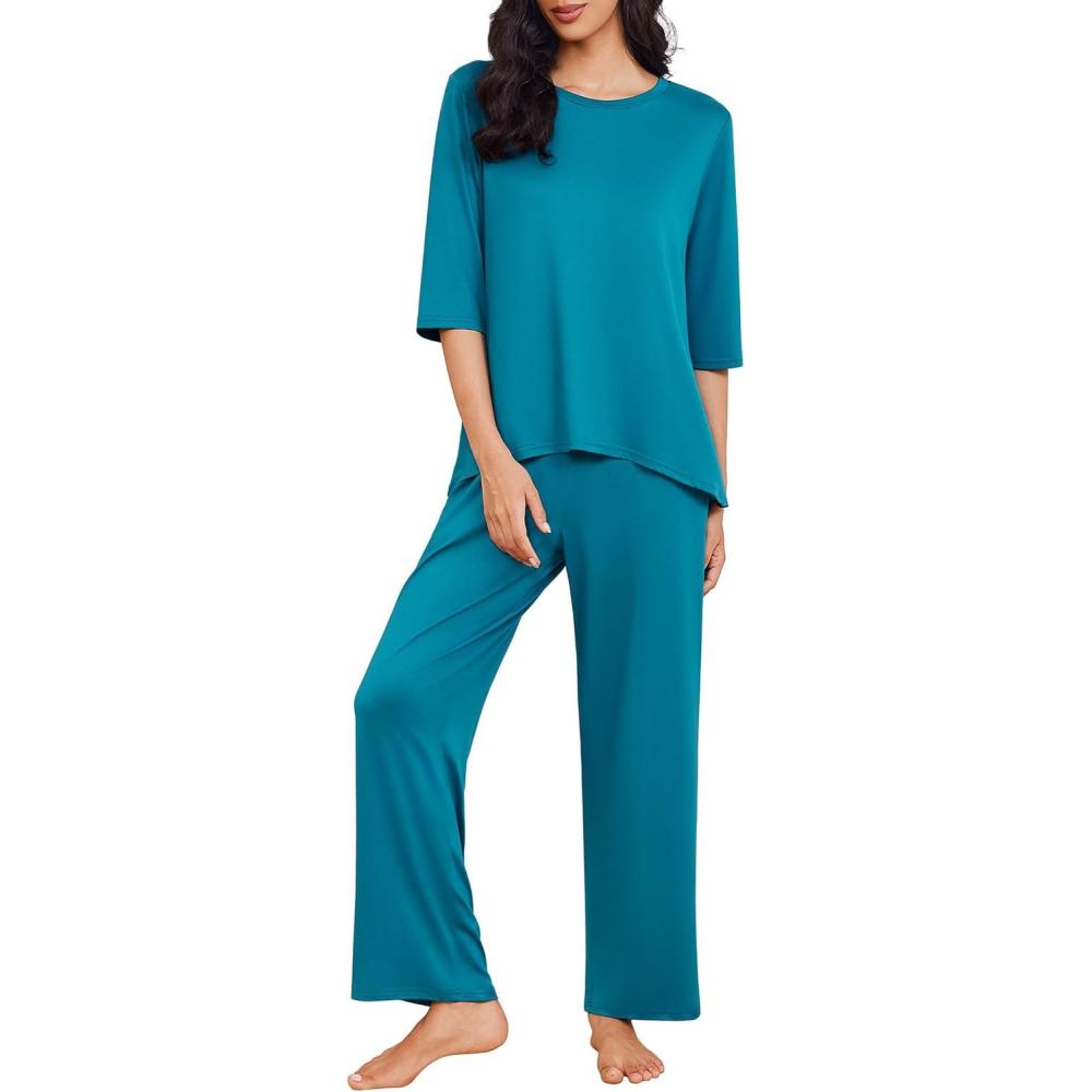 imageEkouaer Womens Lounge Sets 2 Piece Pajamas Sets 34 Sleeve Tops and Long Pants Soft Pjs Loungewear with PocketsBlue Green