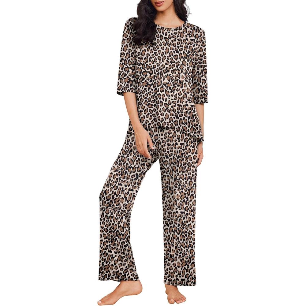 imageEkouaer Womens Lounge Sets 2 Piece Pajamas Sets 34 Sleeve Tops and Long Pants Soft Pjs Loungewear with PocketsBrown Leopard