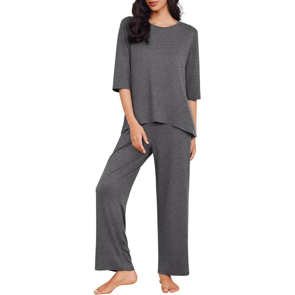 imageEkouaer Womens Lounge Sets 2 Piece Pajamas Sets 34 Sleeve Tops and Long Pants Soft Pjs Loungewear with PocketsDark Grey